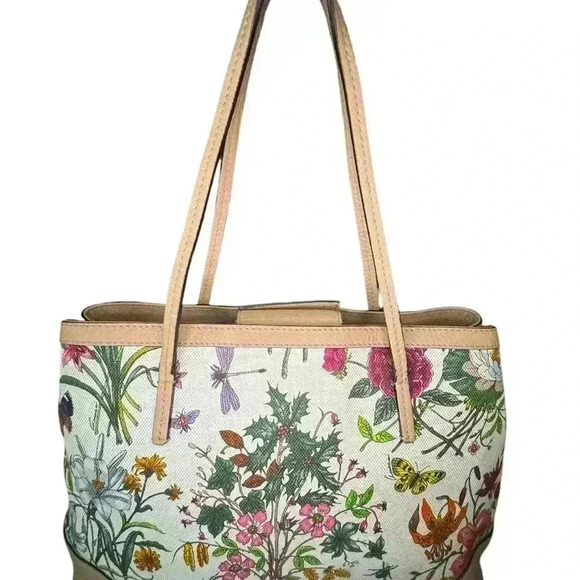 Gucci Vintage Medium Floral Camvas Pink/Beige Leather Tote Bag. - Picture 2 of 15